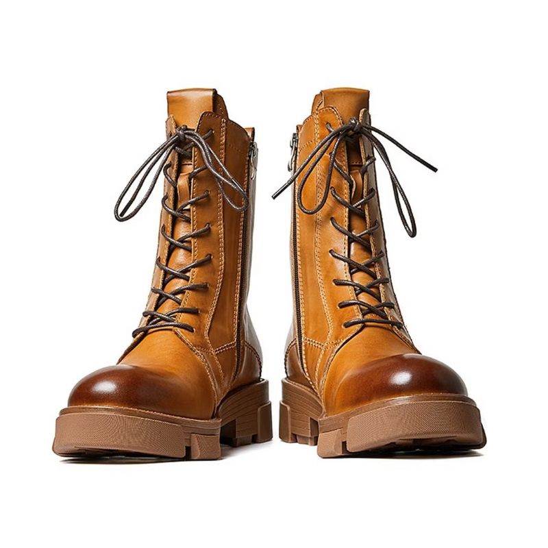 Botas Masculinas Pele Carneiro Chique Vintage Com Zíper Curto Martin Grossas - Marrom