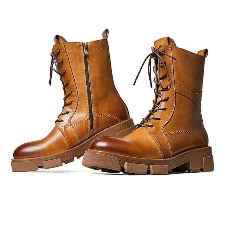 Botas Masculinas Pele Carneiro Chique Vintage Com Zíper Curto Martin Grossas - Marrom