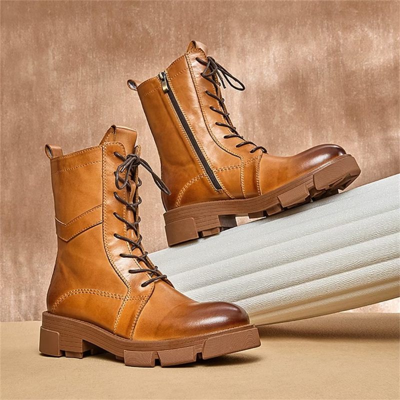 Botas Masculinas Pele Carneiro Chique Vintage Com Zíper Curto Martin Grossas - Marrom