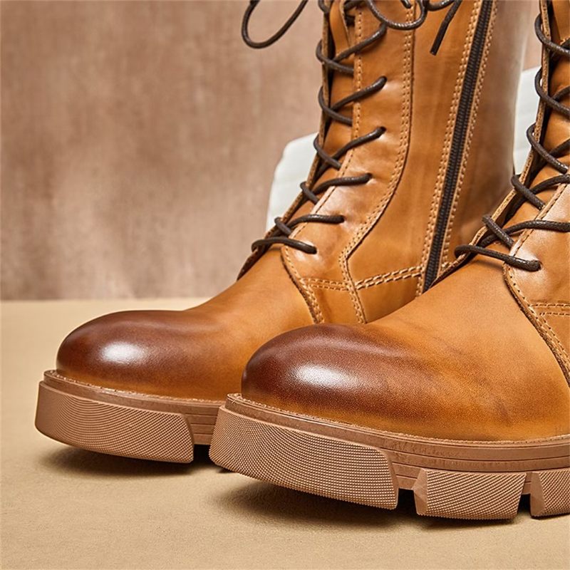 Botas Masculinas Pele Carneiro Chique Vintage Com Zíper Curto Martin Grossas - Marrom