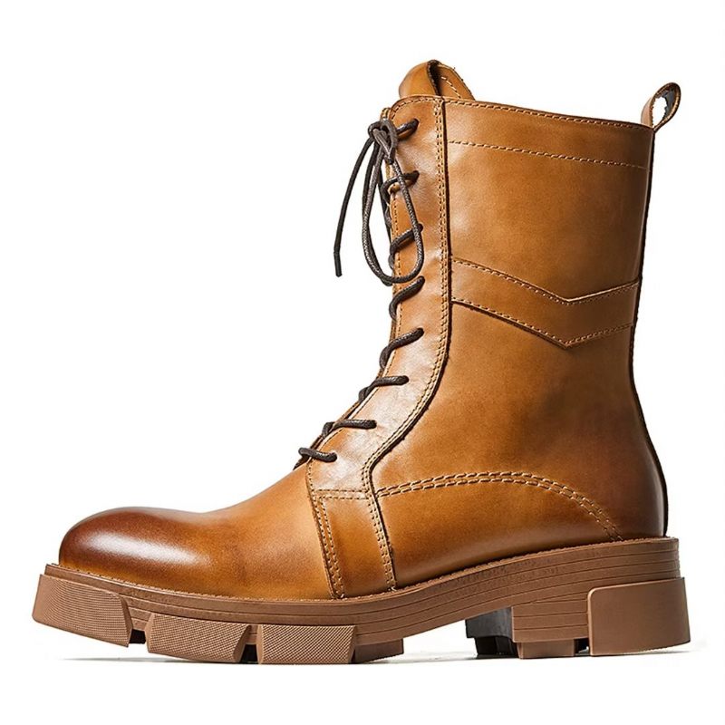 Botas Masculinas Pele Carneiro Chique Vintage Com Zíper Curto Martin Grossas - Marrom