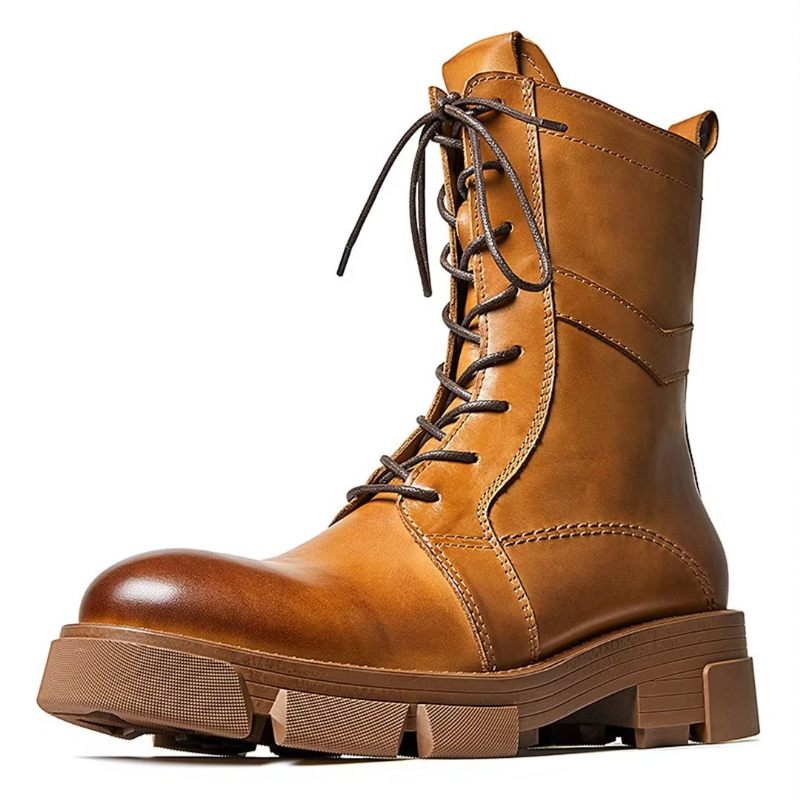 Botas Masculinas Pele Carneiro Chique Vintage Com Zíper Curto Martin Grossas - Marrom