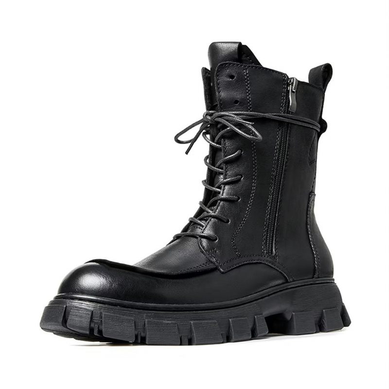 Botas Masculinas Pele Carneiro Chique Vintage Curto Zíper Elegante Martin Acolchoadas - Preto