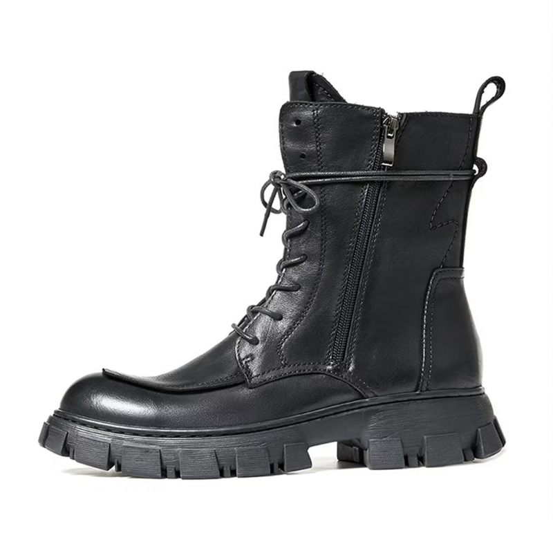 Botas Masculinas Pele Carneiro Chique Vintage Curto Zíper Elegante Martin Acolchoadas - Preto