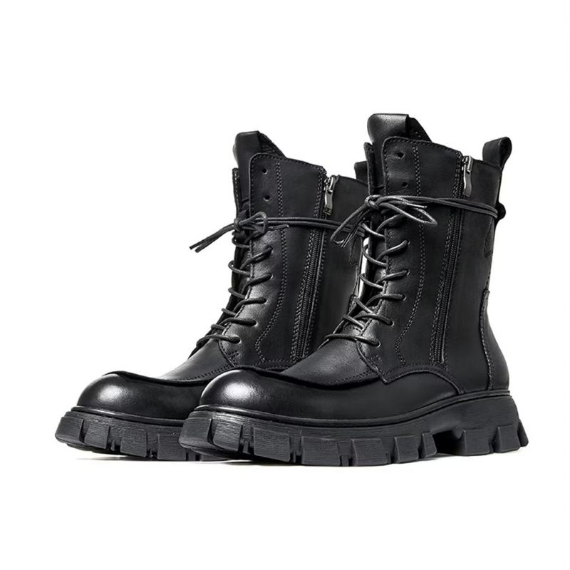 Botas Masculinas Pele Carneiro Chique Vintage Curto Zíper Elegante Martin Acolchoadas - Preto