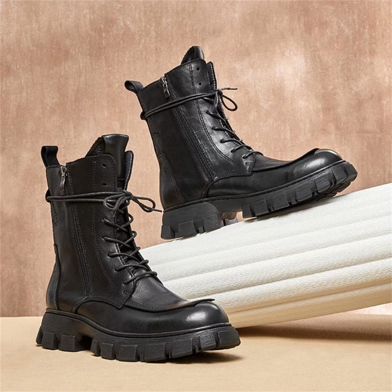 Botas Masculinas Pele Carneiro Chique Vintage Curto Zíper Elegante Martin Acolchoadas - Preto