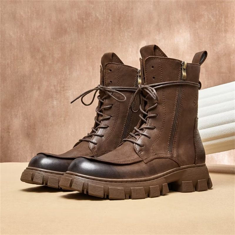 Botas Masculinas Pele Carneiro Chique Vintage Curto Zíper Elegante Martin Acolchoadas - Marrom