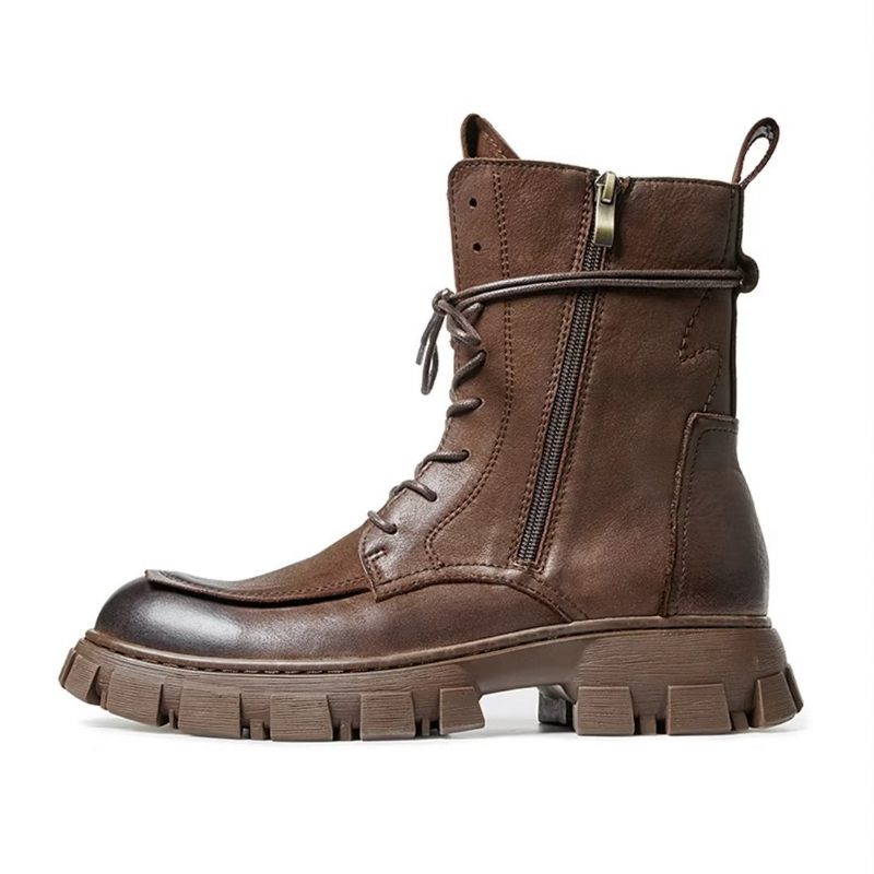 Botas Masculinas Pele Carneiro Chique Vintage Curto Zíper Elegante Martin Acolchoadas - Marrom