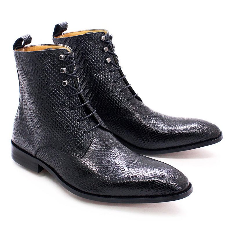 Botas Masculinas Pele Cobra Chique Com Cano Alto E Cadarço - Preto