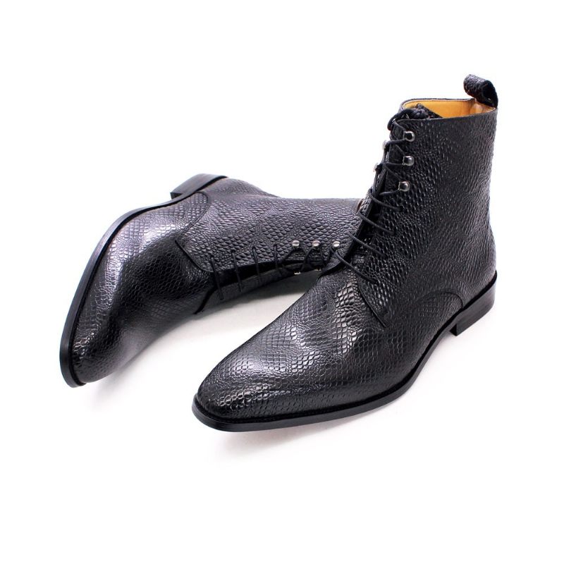 Botas Masculinas Pele Cobra Chique Com Cano Alto E Cadarço - Preto