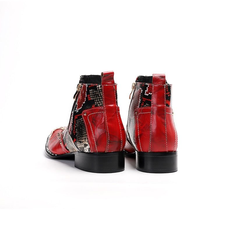 Botas Masculinas Pele Cobra Chique Salto Quadrado Mocassins Festa - Vermelho