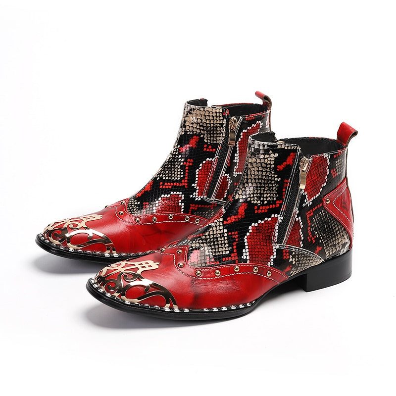 Botas Masculinas Pele Cobra Chique Salto Quadrado Mocassins Festa - Vermelho