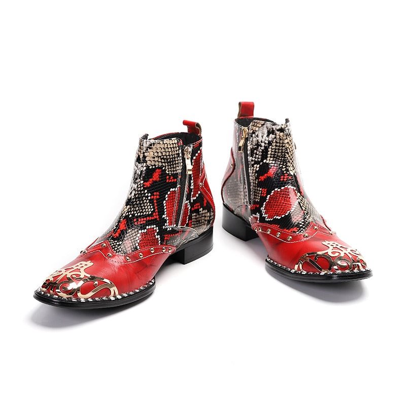 Botas Masculinas Pele Cobra Chique Salto Quadrado Mocassins Festa - Vermelho