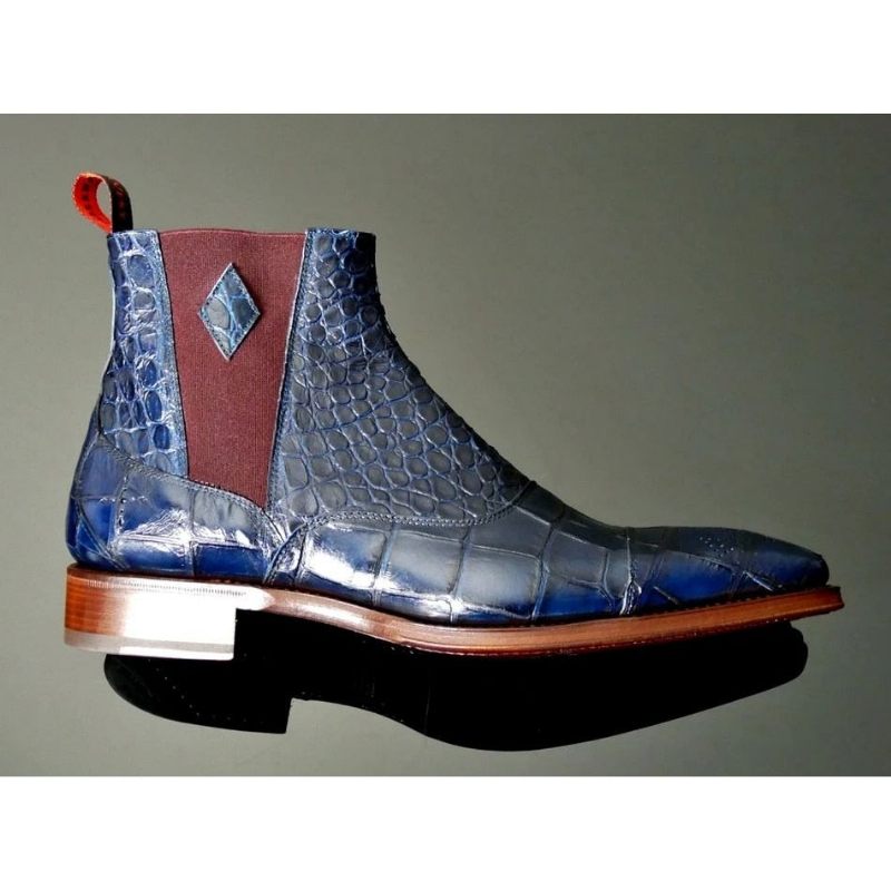 Botas Masculinas Pele Cobra Chique Vintage Bico Fino Chelsea Boots - Azul