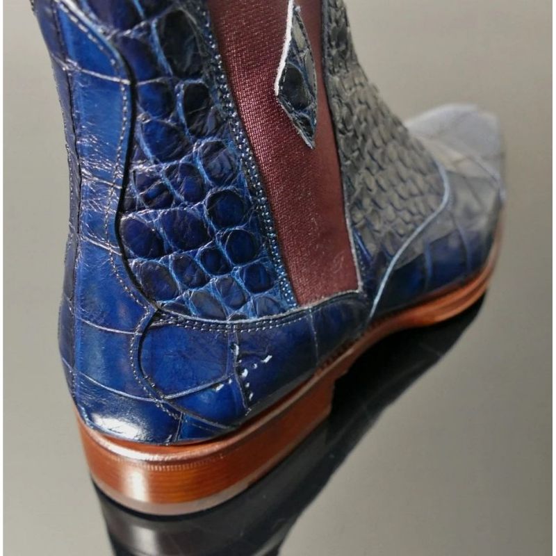 Botas Masculinas Pele Cobra Chique Vintage Bico Fino Chelsea Boots - Azul