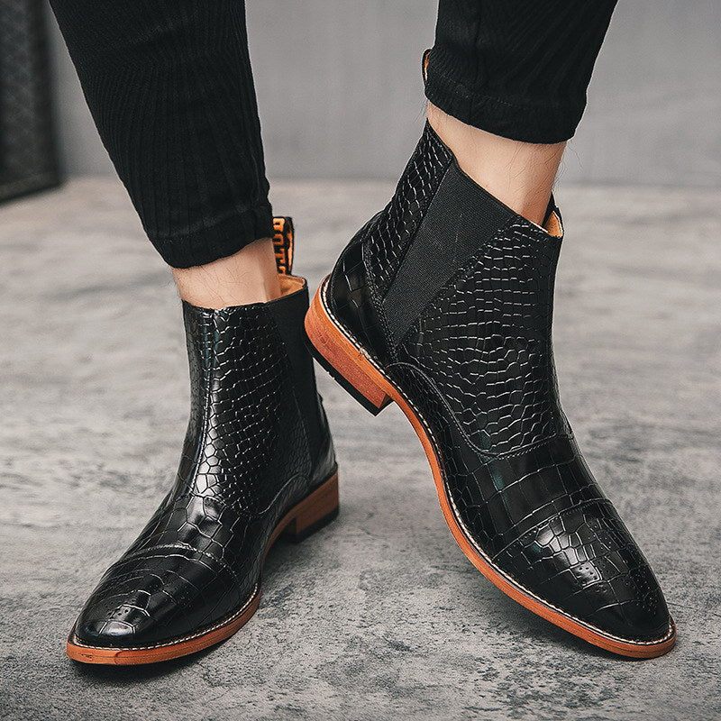 Botas Masculinas Pele Cobra Chiques E Pontiagudas Chelsea Ankle Boots - Preto 