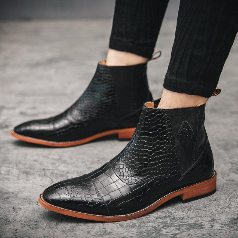 Botas Masculinas Pele Cobra Chiques E Pontiagudas Chelsea Ankle Boots - Preto 