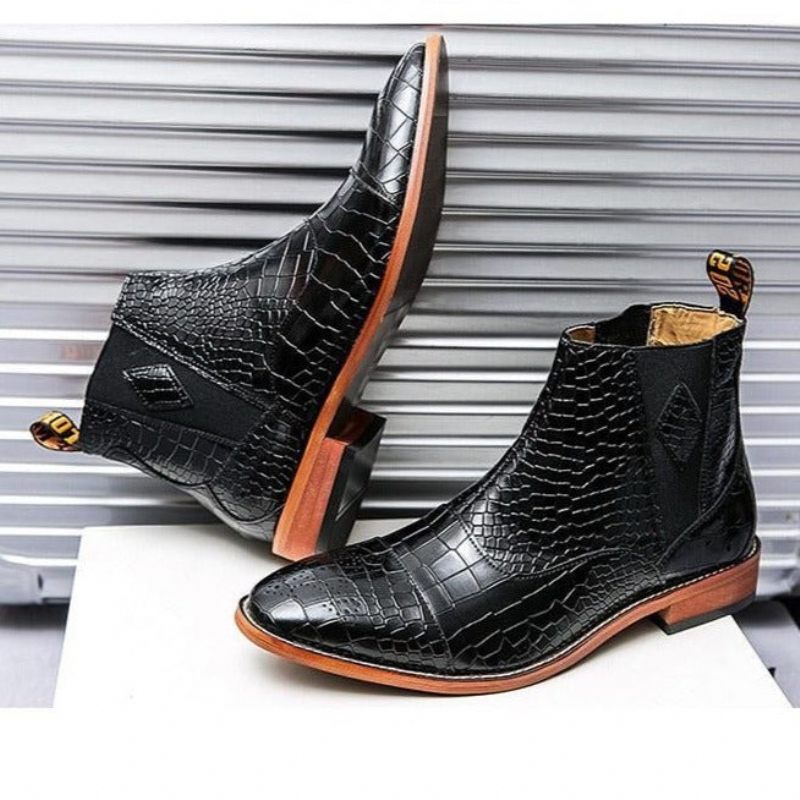 Botas Masculinas Pele Cobra Chiques E Pontiagudas Chelsea Ankle Boots - Preto 