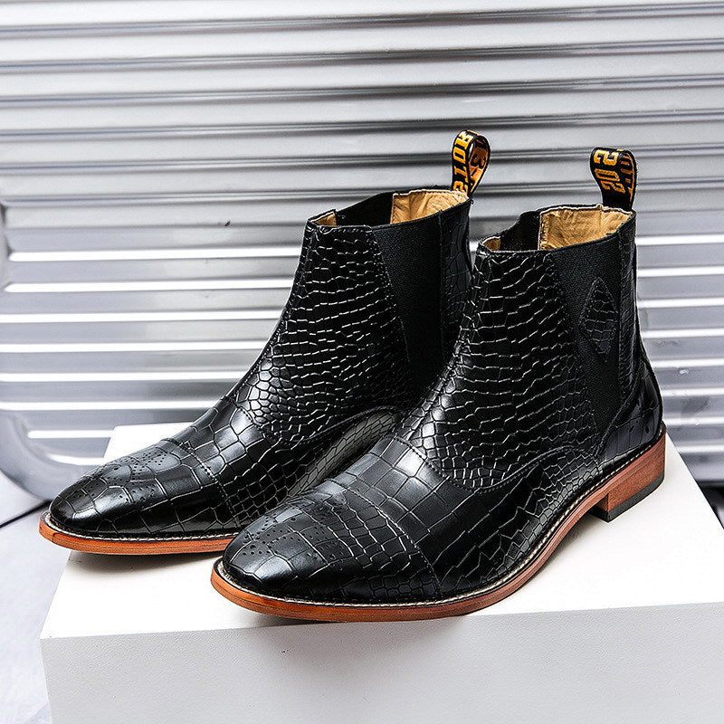 Botas Masculinas Pele Cobra Chiques E Pontiagudas Chelsea Ankle Boots - Preto 