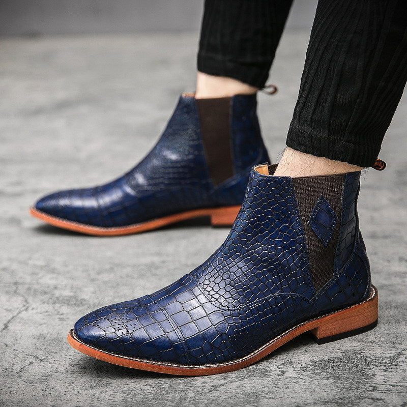 Botas Masculinas Pele Cobra Chiques E Pontiagudas Chelsea Ankle Boots -  Azul