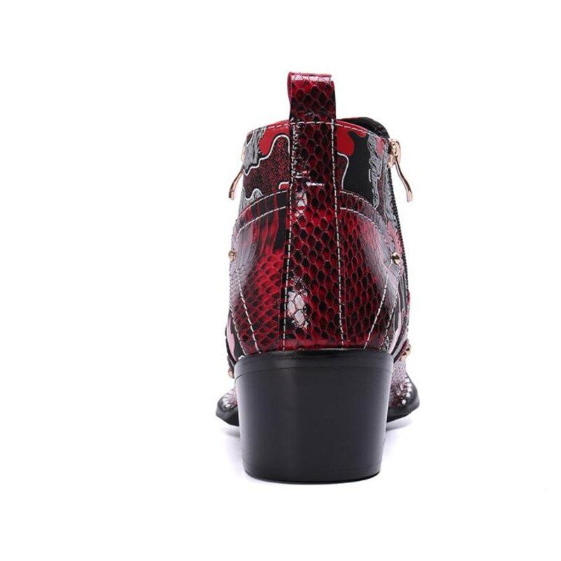 Botas Masculinas Pele Cobra Chiques Mocassins Couro Salto Alto - Vermelho