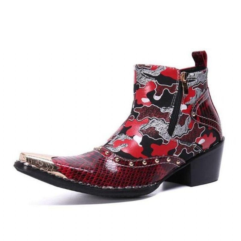 Botas Masculinas Pele Cobra Chiques Mocassins Couro Salto Alto - Vermelho