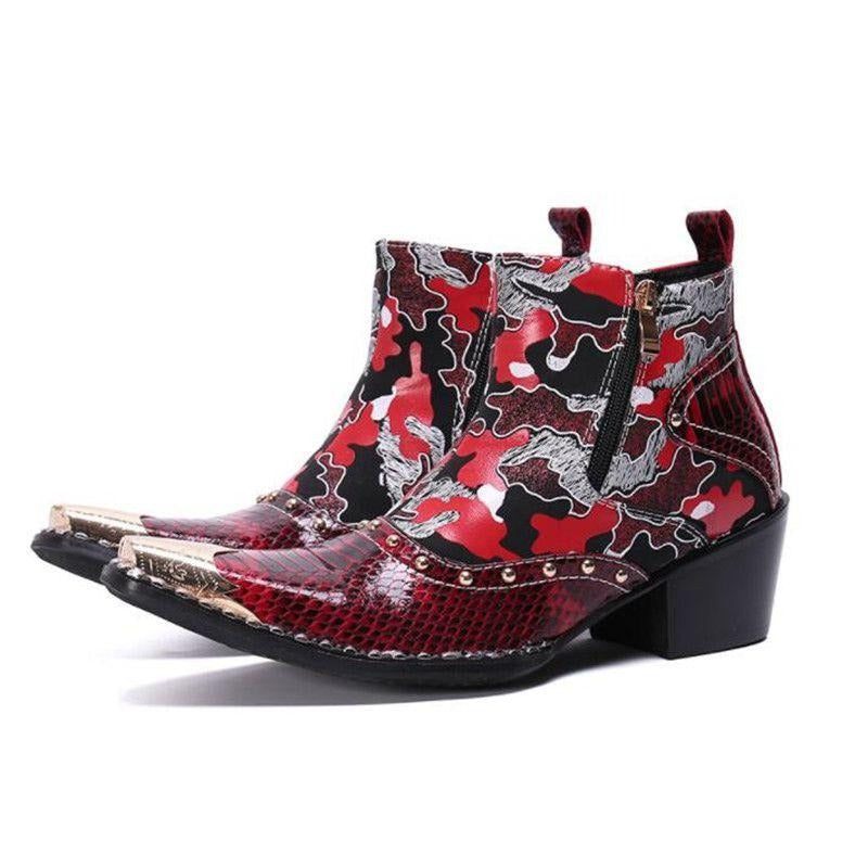 Botas Masculinas Pele Cobra Chiques Mocassins Couro Salto Alto - Vermelho