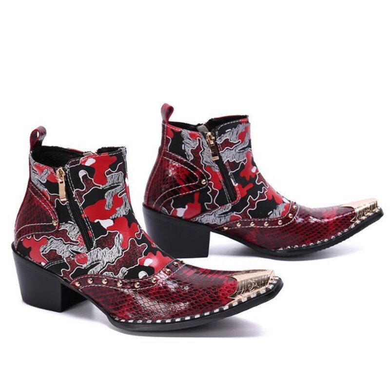 Botas Masculinas Pele Cobra Chiques Mocassins Couro Salto Alto - Vermelho