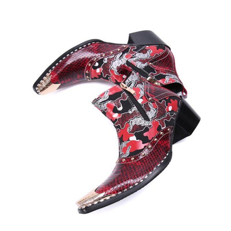 Botas Masculinas Pele Cobra Chiques Mocassins Couro Salto Alto - Vermelho