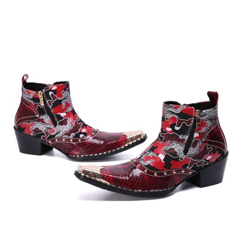 Botas Masculinas Pele Cobra Chiques Mocassins Couro Salto Alto - Vermelho