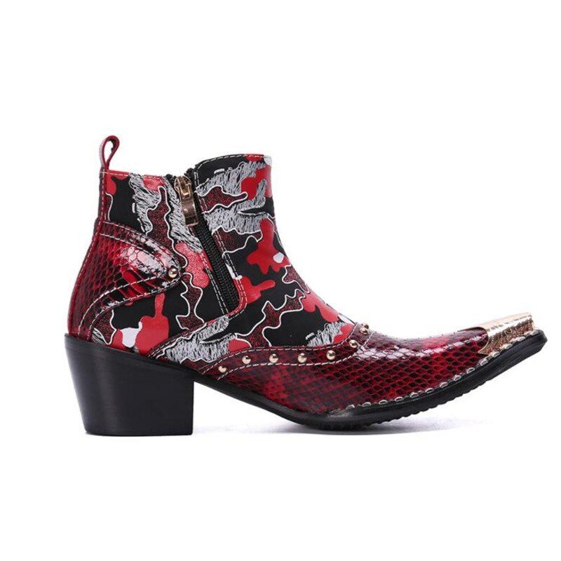 Botas Masculinas Pele Cobra Chiques Mocassins Couro Salto Alto - Vermelho