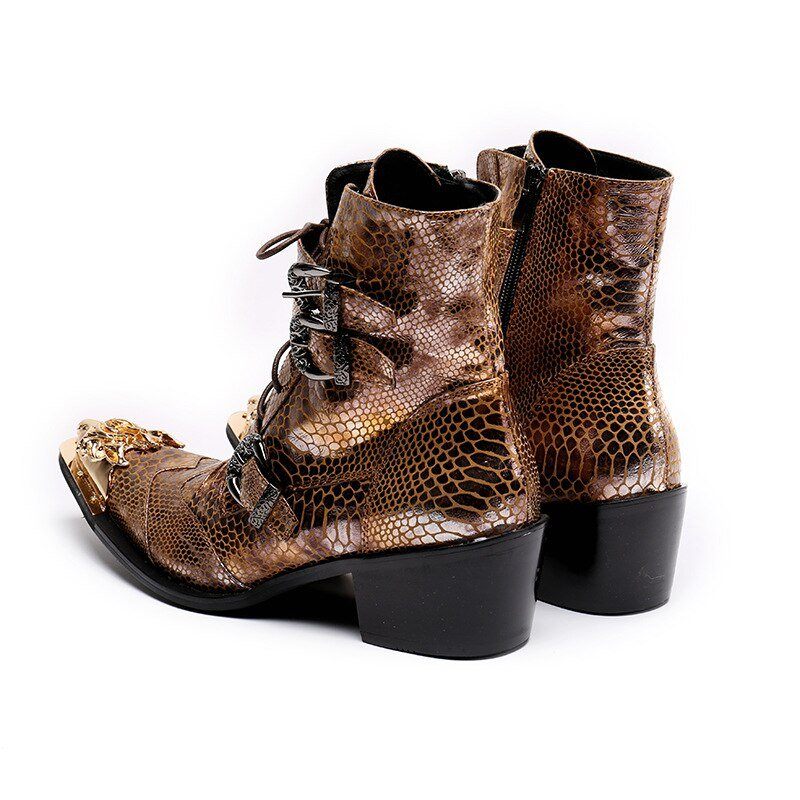 Botas Masculinas Pele Cobra Com Bico Fino E Mocassins - Café