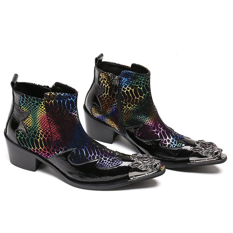 Botas Masculinas Pele Cobra Mocassins Festa Com Biqueira Metal Luxo - Multicolorido