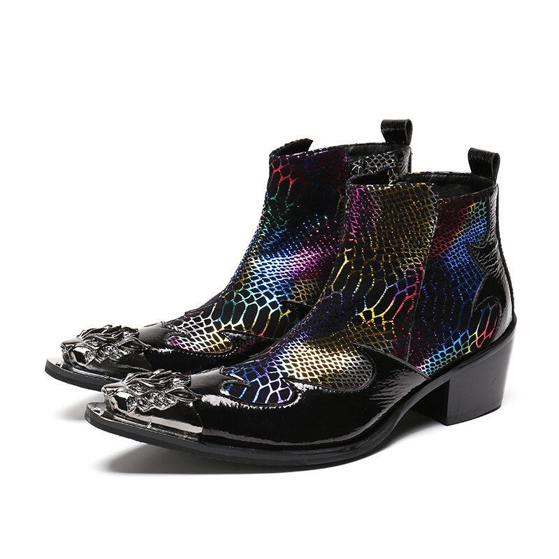 Botas Masculinas Pele Cobra Mocassins Festa Com Biqueira Metal Luxo - Multicolorido