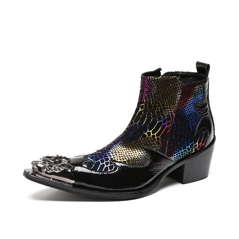 Botas Masculinas Pele Cobra Mocassins Festa Com Biqueira Metal Luxo - Multicolorido