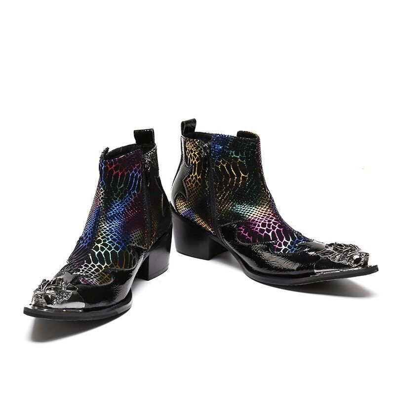 Botas Masculinas Pele Cobra Mocassins Festa Com Biqueira Metal Luxo - Multicolorido