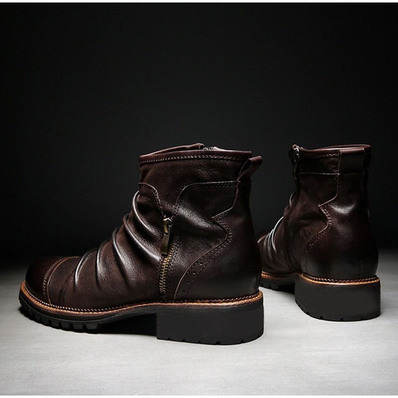 Botas Masculinas Retro Chique Exóticas Com Zíper Tornozelo Motocicleta - Café