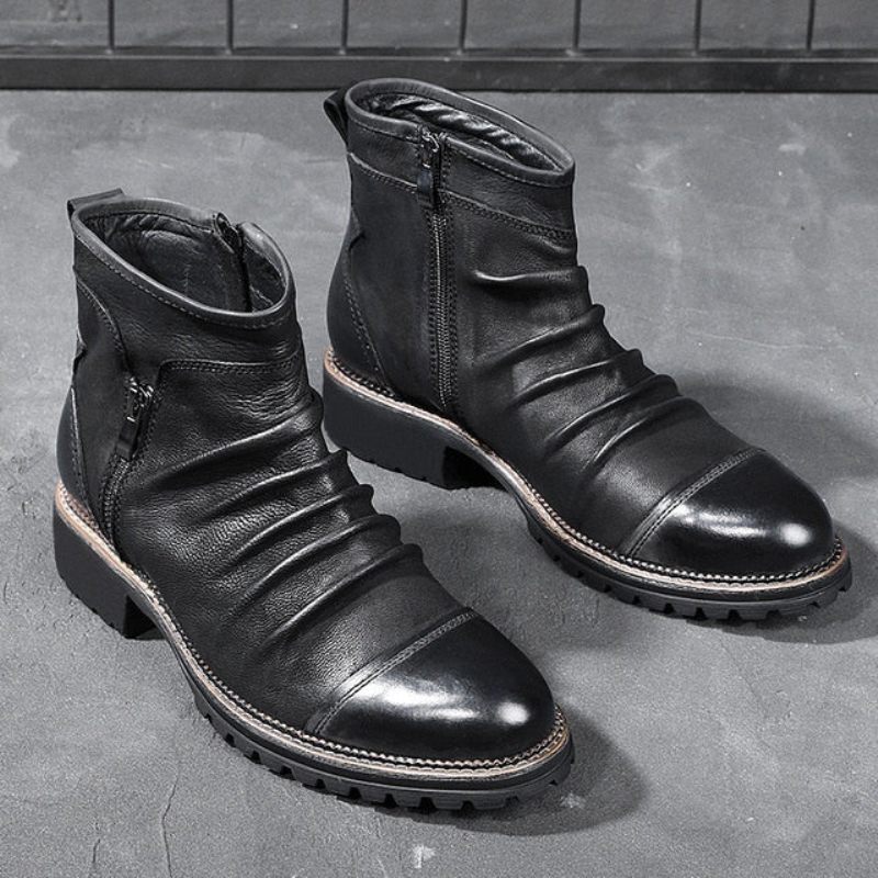 Botas Masculinas Retro Chique Exóticas Com Zíper Tornozelo Motocicleta - Preto