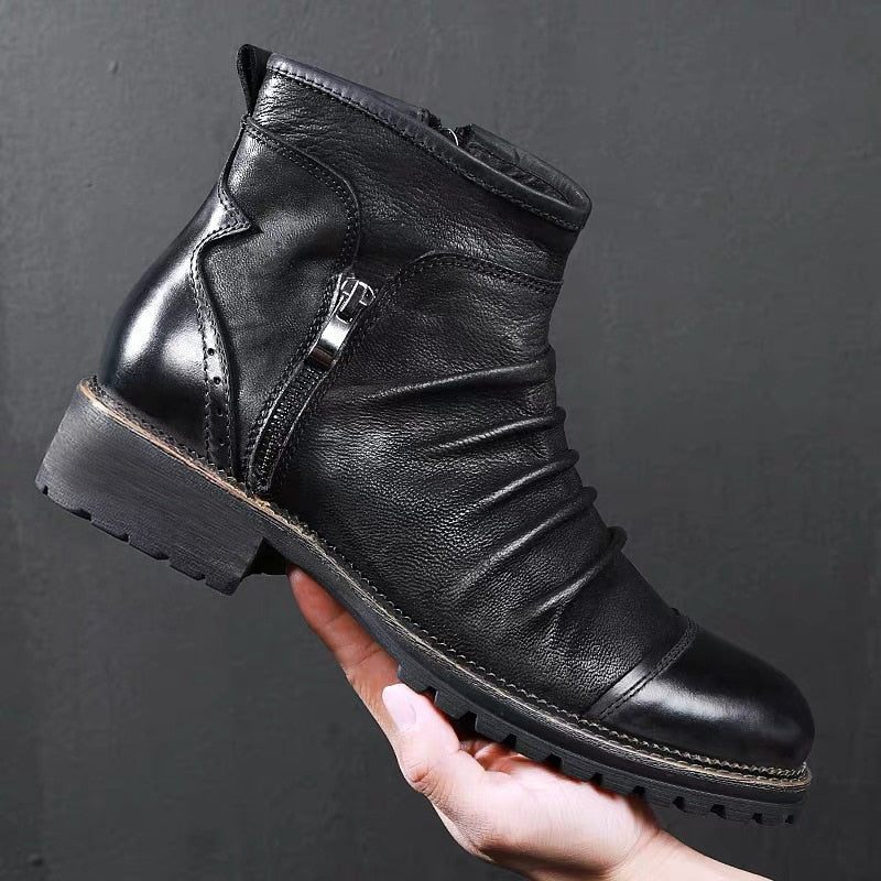 Botas Masculinas Retro Chique Exóticas Com Zíper Tornozelo Motocicleta - Preto