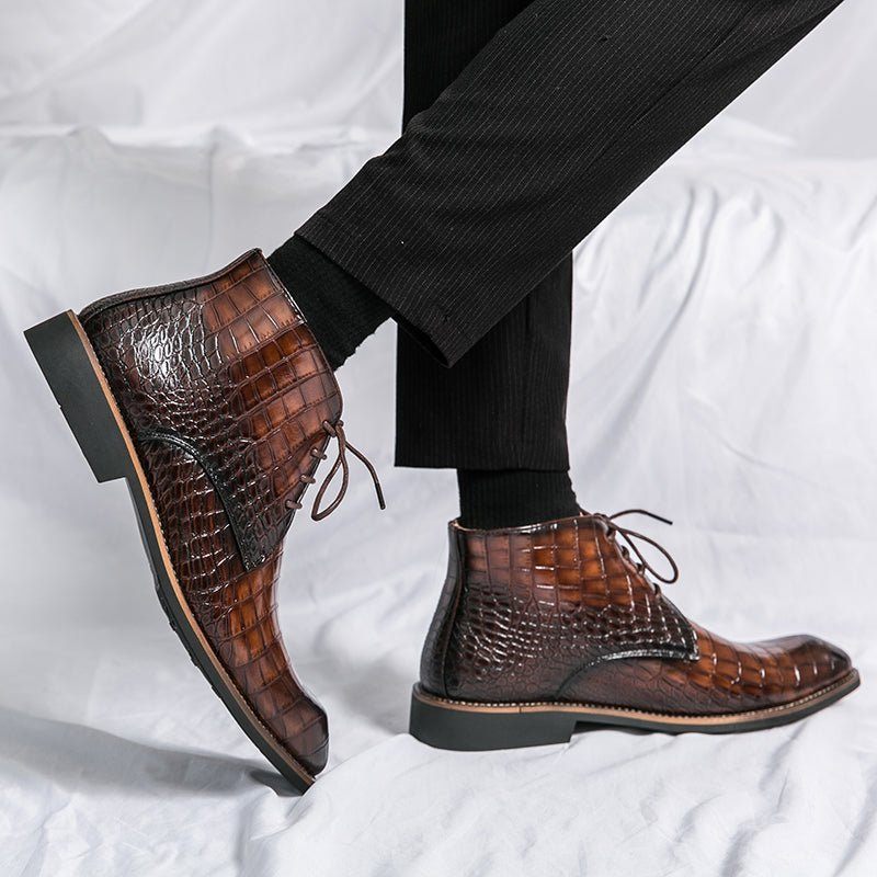 Botas Masculinas Retrô Com Padrão Crocodilo Cano Alto - Marrom 1