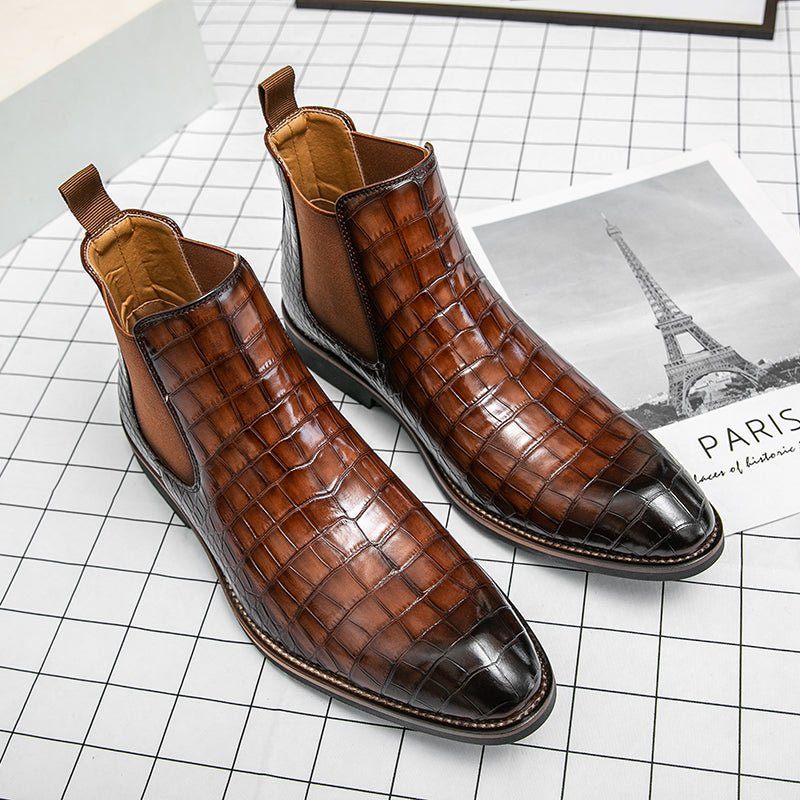 Botas Masculinas Retrô Com Padrão Crocodilo Cano Alto - Marrom 2