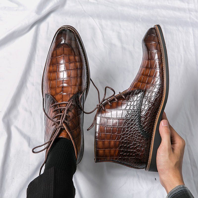 Botas Masculinas Retrô Com Padrão Crocodilo Cano Alto - Marrom 2