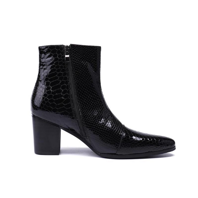 Botas Masculinas Serpente Brilhante Pontiaguda Captoe Elevador Ankle Boots - Preto