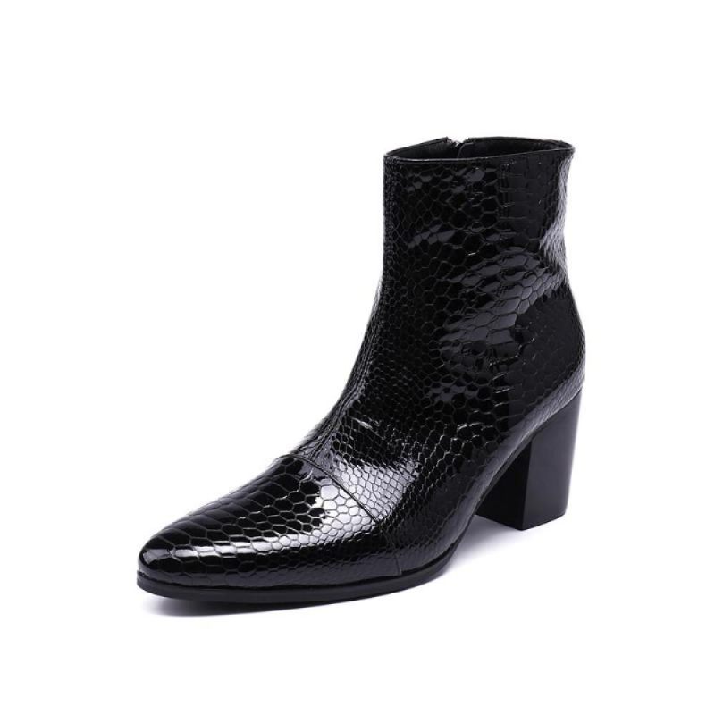 Botas Masculinas Serpente Brilhante Pontiaguda Captoe Elevador Ankle Boots - Preto