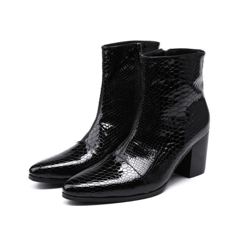 Botas Masculinas Serpente Brilhante Pontiaguda Captoe Elevador Ankle Boots - Preto