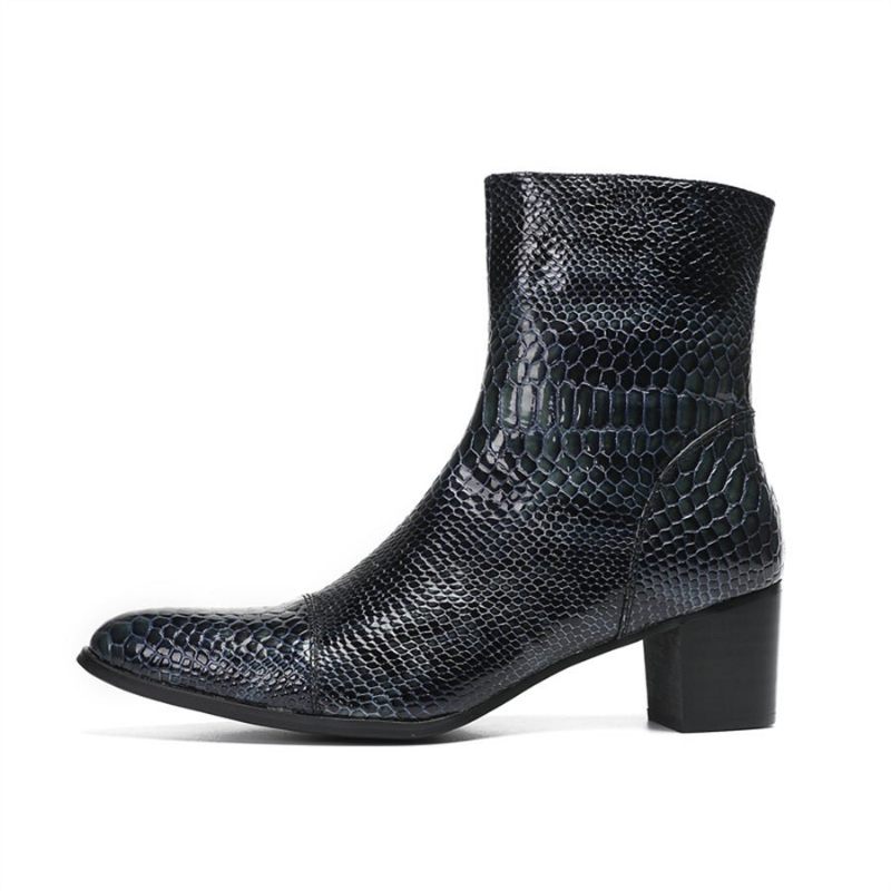 Botas Masculinas Serpente Brilhante Pontiaguda Captoe Elevador Ankle Boots - Azul