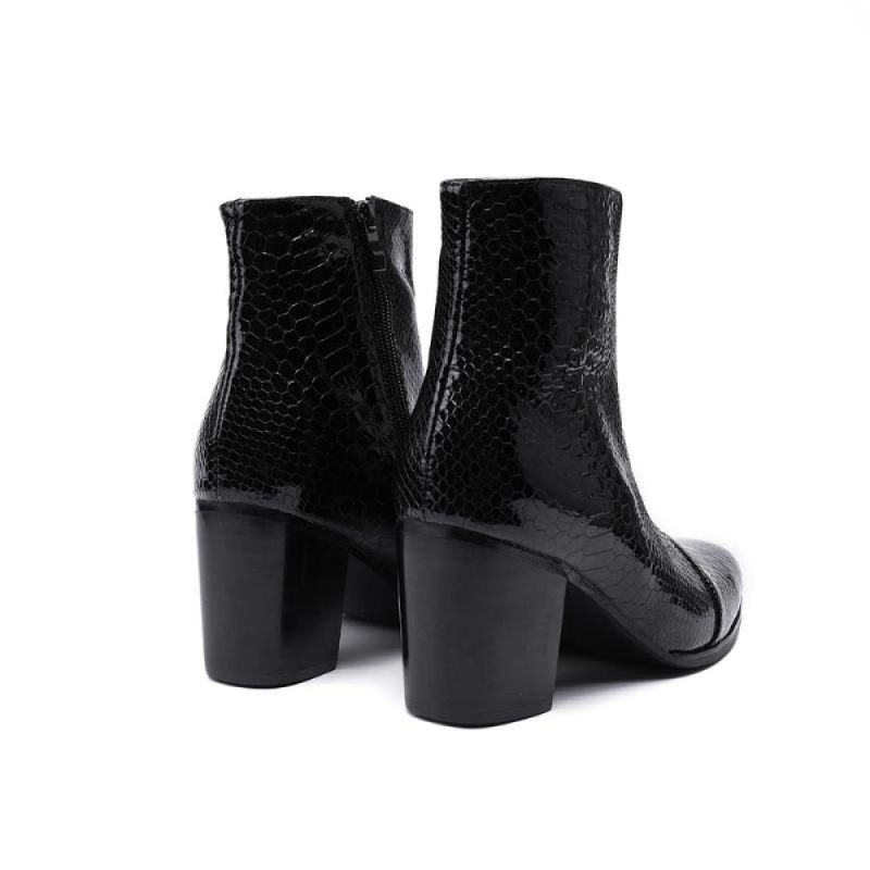 Botas Masculinas Serpente Brilhante Pontiaguda Captoe Elevador Ankle Boots - Preto