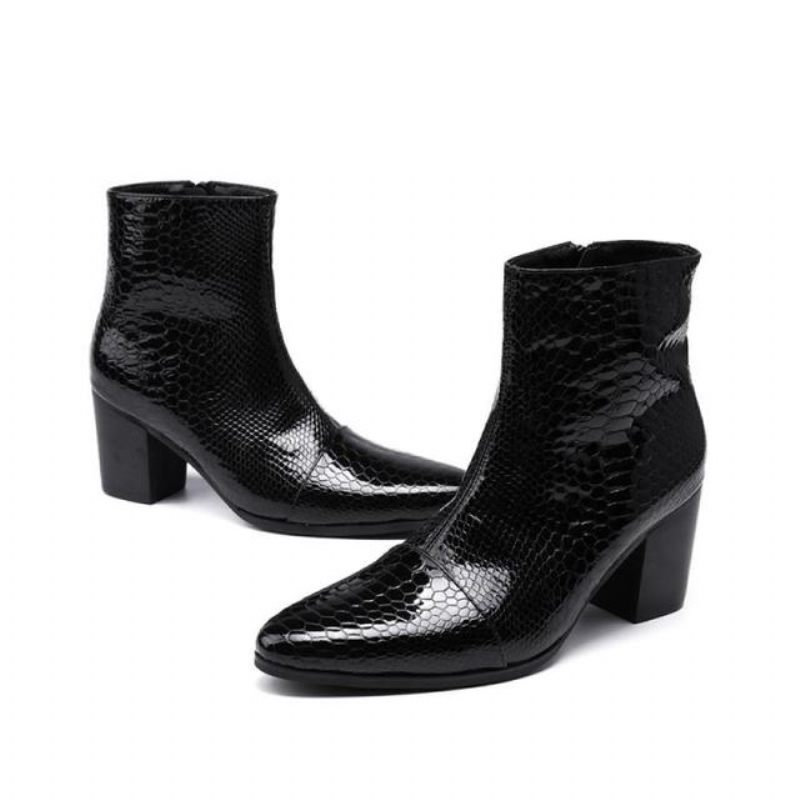 Botas Masculinas Serpente Brilhante Pontiaguda Captoe Elevador Ankle Boots - Preto