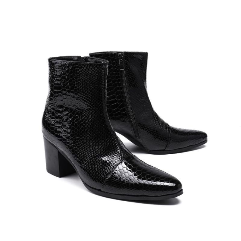 Botas Masculinas Serpente Brilhante Pontiaguda Captoe Elevador Ankle Boots - Preto