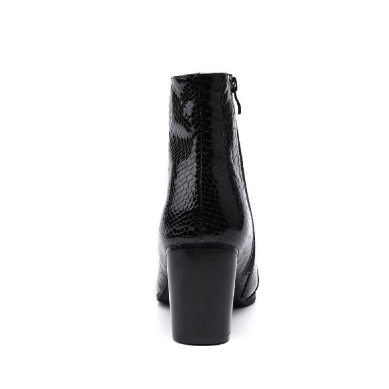 Botas Masculinas Serpente Brilhante Pontiaguda Captoe Elevador Ankle Boots - Preto